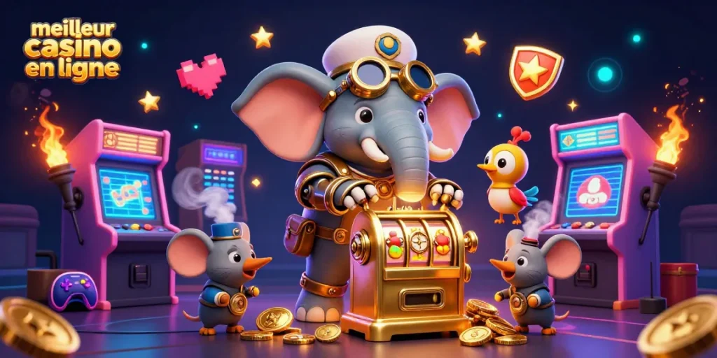Jouez sur le meilleur casino en ligne avec une machine à sous dorée animée par un éléphant ingénieur steampunk.