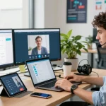 Professional workspace showcasing telegramin-cn.com features with a user engaging in online communication tools.