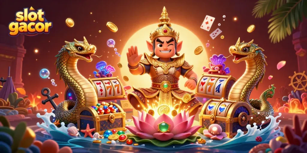 Experience the excitement of slot gacor with a lively scene featuring a friendly guardian and dynamic gaming elements.