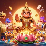Experience the excitement of slot gacor with a lively scene featuring a friendly guardian and dynamic gaming elements.