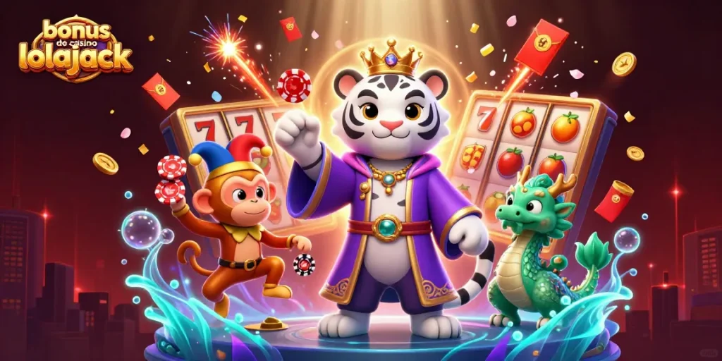 Engage with the bonus de casino lolajack while enjoying a vibrant 3D illustration of thrilling casino elements and characters.