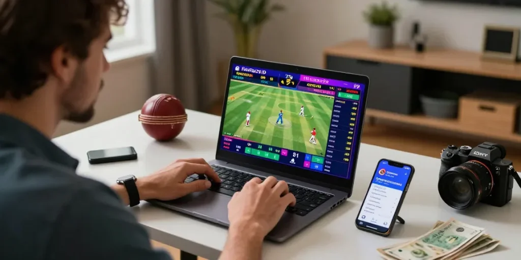 Engaging online betting experience with Fairplay24, showcasing live cricket action and user interaction.