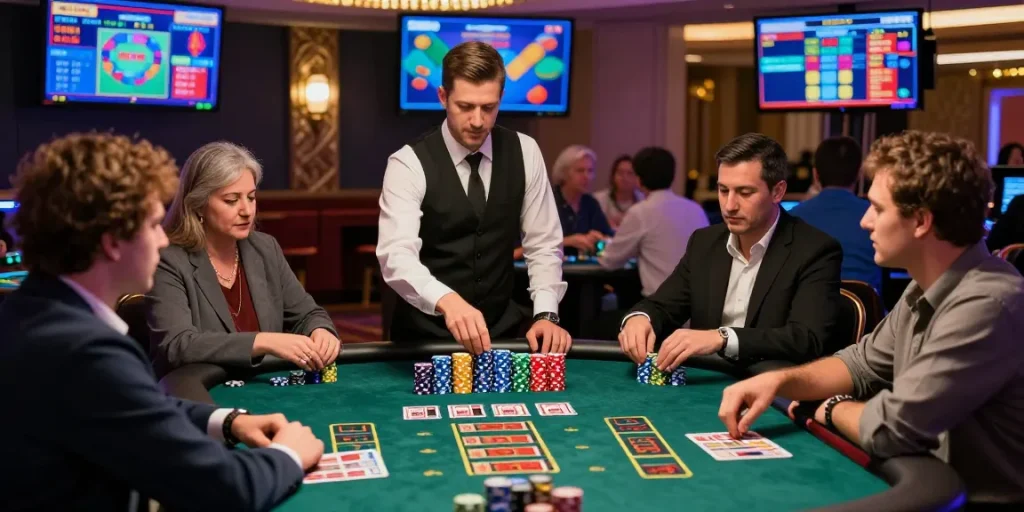 Baccarat Online game scene at a live casino with a professional dealer and engaged players, showcasing vibrant atmosphere.