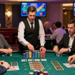 Baccarat Online game scene at a live casino with a professional dealer and engaged players, showcasing vibrant atmosphere.