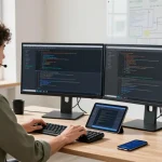 Professional workspace featuring a developer coding, showcasing the 纸飞机中文版 interface on monitors with tech gadgets around.