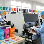 Custom flat bottom bags being produced in a vibrant manufacturing facility, showcasing innovation and quality.