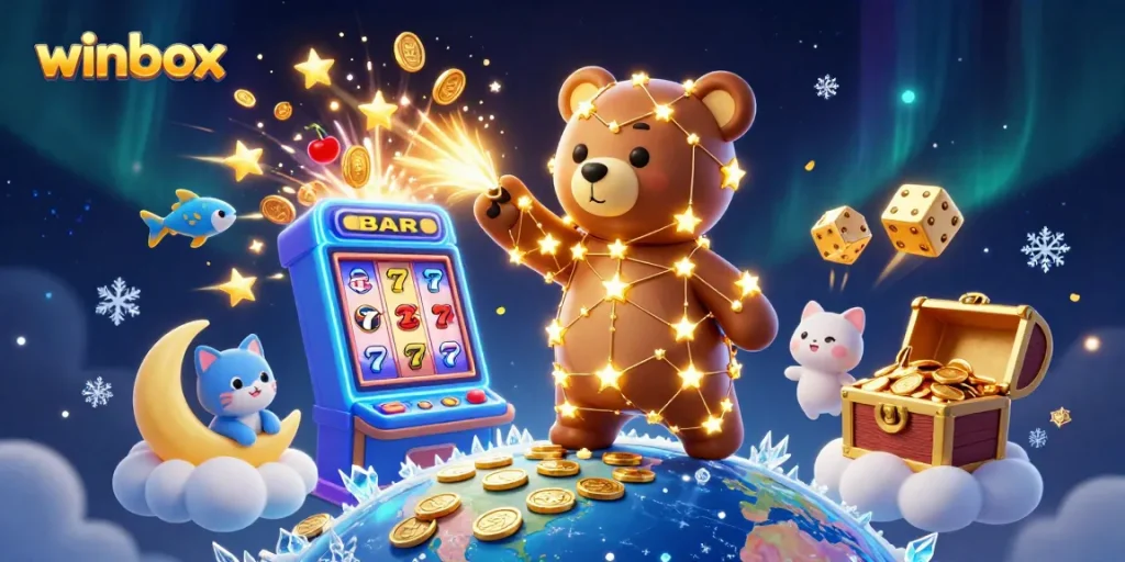 Winbox platform engages players with exciting slots, colorful games, and vibrant casino elements in a dynamic illustration.