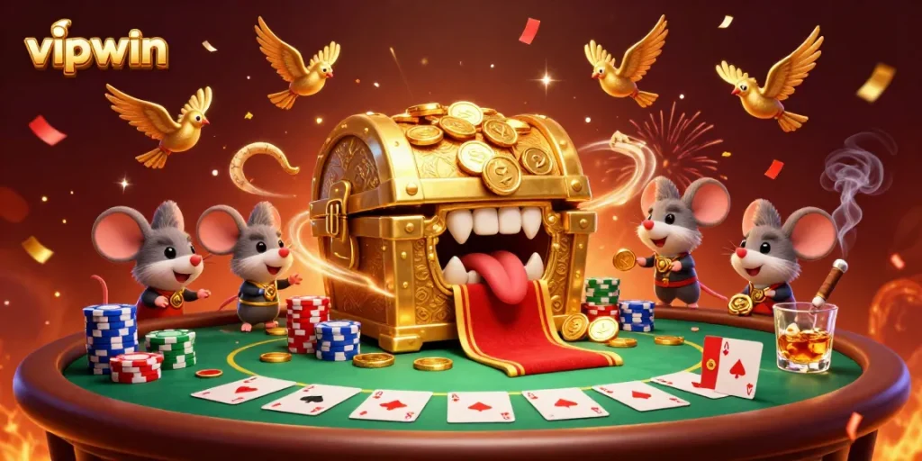 Experience winning opportunities with vipwin, showcasing a vibrant casino adventure filled with poker elements and golden rewards.