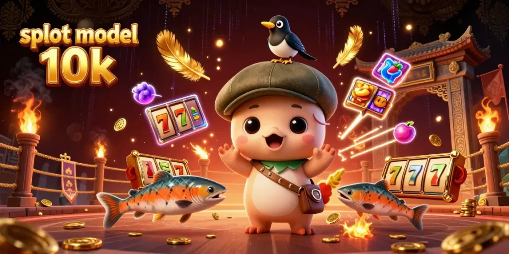 Experience the excitement of slot modal 10k with vibrant characters and dynamic casino elements in this engaging illustration.