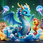 Explorez le meilleur casino en ligne avec l'illustration dynamique d'un dragon azur et un chevalier hippocampe.