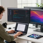 Developer using Snipaste in a bright modern tech workspace with multiple monitors and annotations.