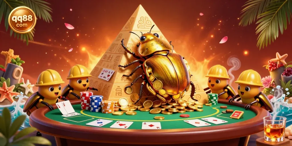 Experience thrilling games at qq88 com with vibrant 3D cartoon illustration depicting a golden dung beetle in a lively casino scene.