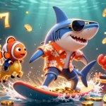 Play exciting games at Raja Game with this vibrant underwater casino scene featuring dynamic characters and elements.