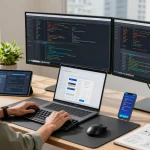 Developer coding in a modern workspace, illustrating the 纸飞机中文版 app development process with vibrant screens.