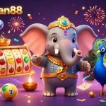 Experience excitement with spaceman88 as the vibrant elephant spins slots and bounces lottery balls in a colorful casino scene.