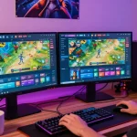 Engaging gaming atmosphere featuring 鉅城娛樂城 setup with monitors, accessories, and cozy lighting.