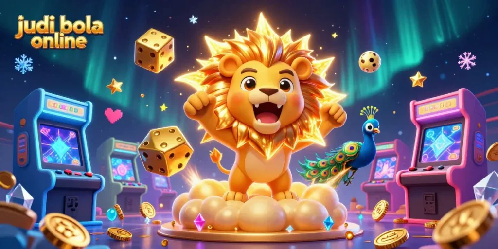 Experience thrilling judi bola online action with colorful 3D illustrations of dice, characters, and gaming elements.