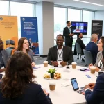 Networking event featuring Bradley Robinson Alabama engaging with professionals, showcasing collaboration in a modern conference hall