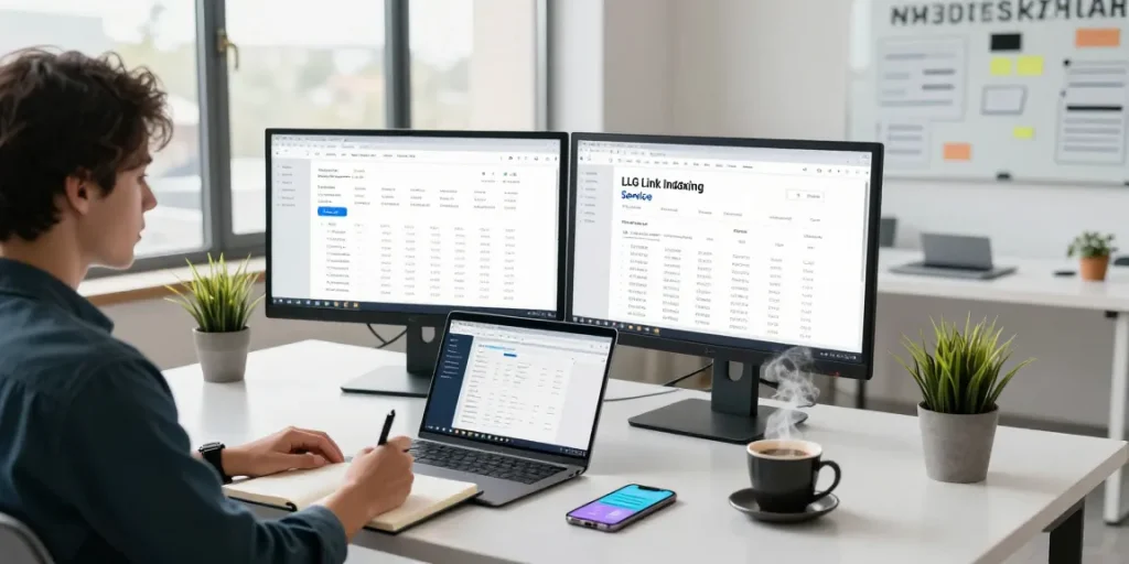 Engaging workspace scene showcasing LLG Link indexing service analysis with monitors, notes, and a focused marketing specialist