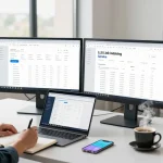 Engaging workspace scene showcasing LLG Link indexing service analysis with monitors, notes, and a focused marketing specialist