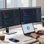 Developer coding with 纸飞机中文版 on a sleek workspace surrounded by tech gadgets, in a modern office setting.