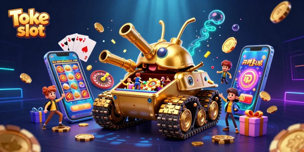 Spin and win at Toke slot with engaging casino-themed illustration featuring vibrant game elements.