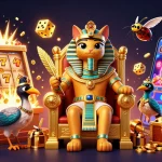Situs Togel Resmi Bolagila, ilustrasi menarik tentang kasino dengan karakter yang berinteraksi di sekitar mesin slot