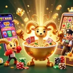 Menangkan permainan slot di 77Superslot dengan ilustrasi menarik mesin slot dan karakter unik.