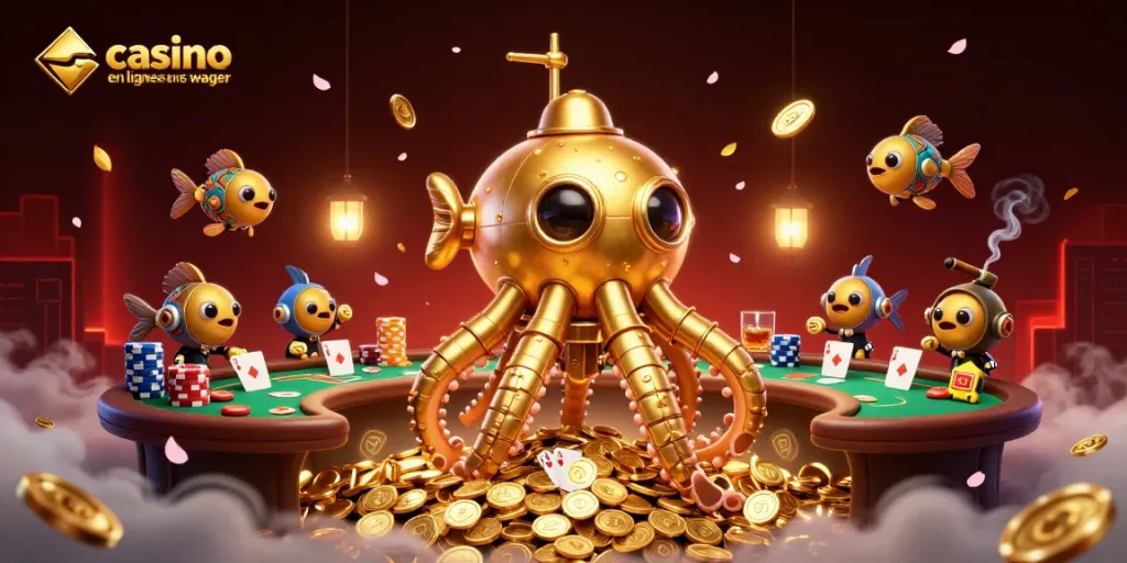 Illustrez votre expérience au casino en ligne sans wager avec un kraken sur des pièces d'or.