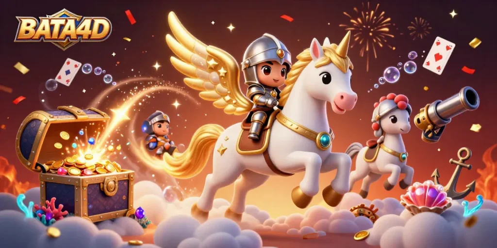 Experience thrilling gameplay at BATA4D with a magical scene featuring a celestial knight and treasures.