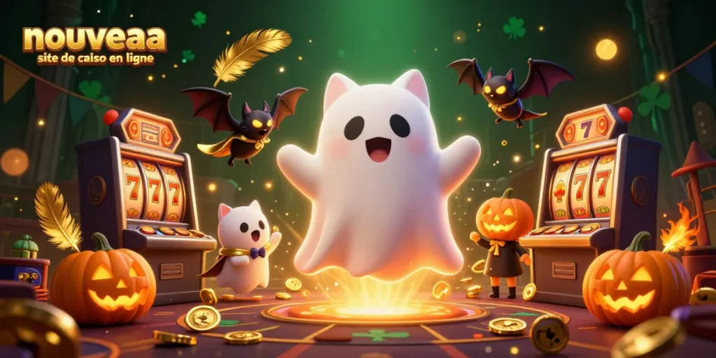Illustration du nouveau site de casino en ligne avec un chat fantôme, une chauve-souris vampire et des éléments de jeu.