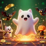 Illustration du nouveau site de casino en ligne avec un chat fantôme, une chauve-souris vampire et des éléments de jeu.