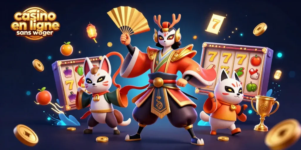 Plongez dans l'univers du casino en ligne sans wager avec un guerrier kabuki et des éléments de jeu intrigants.