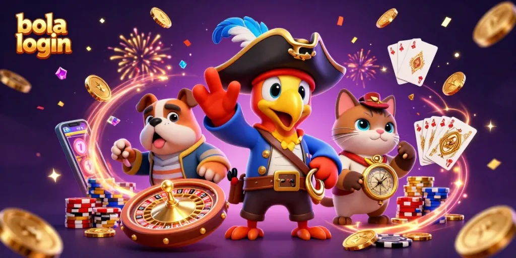 Join the action with bola login, featuring a lively scene with a pirate captain, valuable casino elements, and animated gaming excitement.
