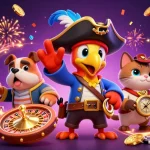 Join the action with bola login, featuring a lively scene with a pirate captain, valuable casino elements, and animated gaming excitement.