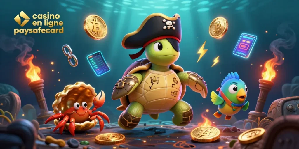 Jouez sur le casino en ligne paysafecard avec une illustration colorée d'une tortue pirate et de trésors sous-marins.
