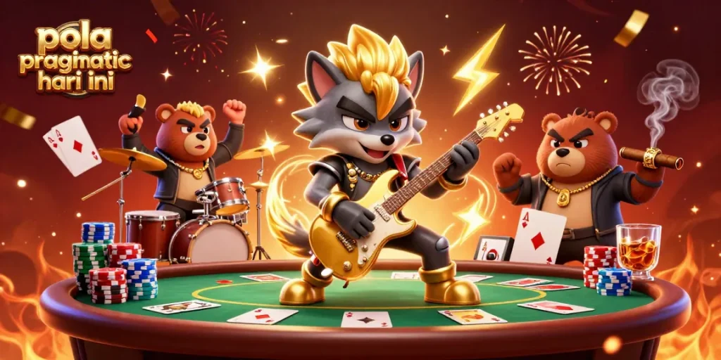 Pola pragmatic hari ini, dynamic casino scene with a rock star wolf and a bear drummer, vibrant game elements.