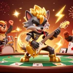 Pola pragmatic hari ini, dynamic casino scene with a rock star wolf and a bear drummer, vibrant game elements.