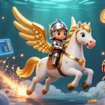 Win with janjislot login in a vibrant 3D casino scene filled with cryptocurrency elements.