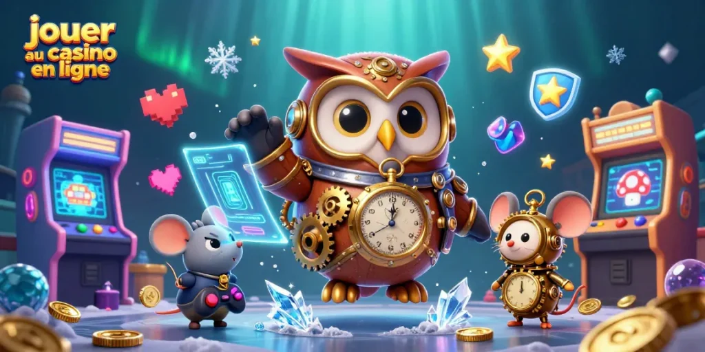 Jouer au casino en ligne dans une scène dynamique avec une chouette voyageuse et des éléments futuristes.