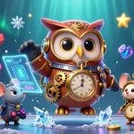 Jouer au casino en ligne dans une scène dynamique avec une chouette voyageuse et des éléments futuristes.