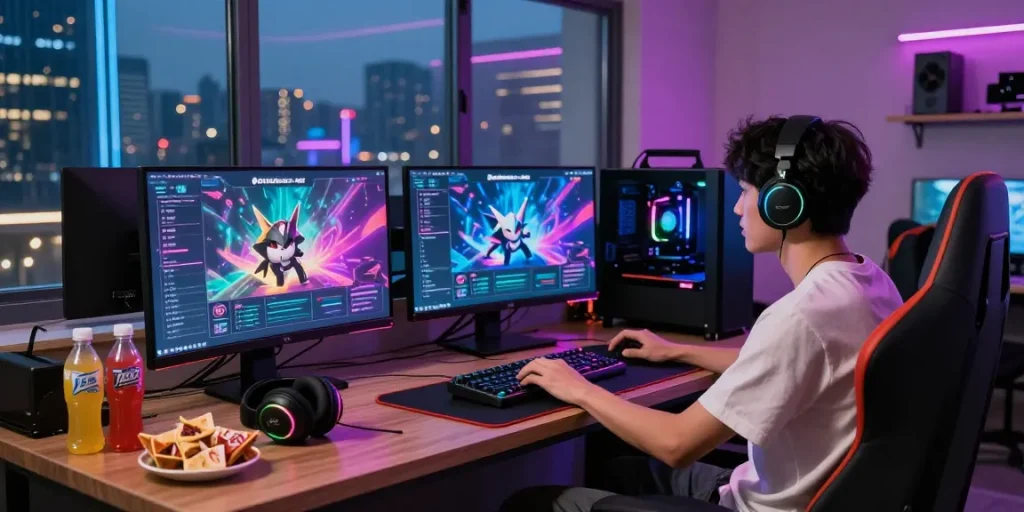 Gamer enjoying pakde4d in a vibrant modern lounge with high-end PC and RGB lighting.