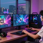 Gamer enjoying pakde4d in a vibrant modern lounge with high-end PC and RGB lighting.