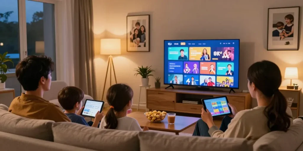 Famille profitant de l'abonnement IPTV en Belgique dans un salon confortable avec télévision et collations.
