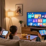 Famille profitant de l'abonnement IPTV en Belgique dans un salon confortable avec télévision et collations.