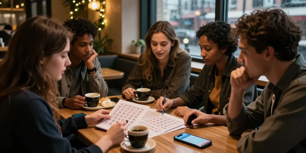 Diskusi nomor rejeki di kafe dengan teman sambil menikmati kopi dan kue.