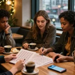 Diskusi nomor rejeki di kafe dengan teman sambil menikmati kopi dan kue.