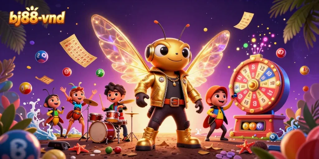 Experience the excitement at bj88-vnd with vibrant lottery elements and energetic characters.