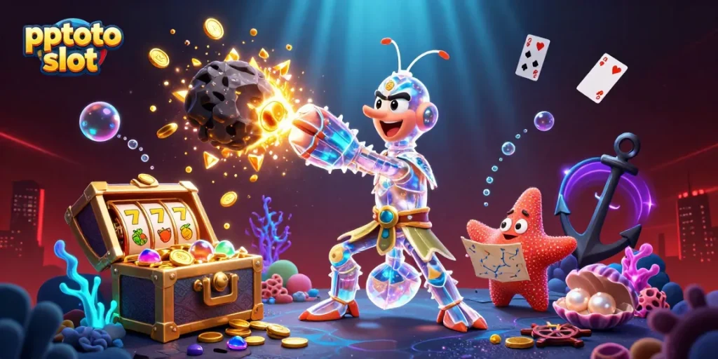 Punch through asteroids for riches with pptoto slot, featuring vibrant underwater treasures and gaming elements.