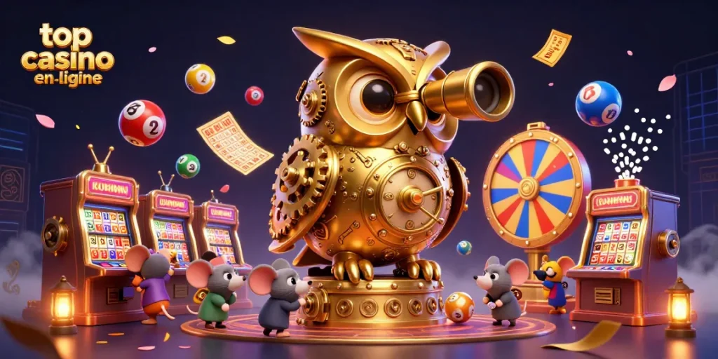 Plongez dans l'univers du top casino en ligne avec une illustration animée captivante de jeux de hasard.